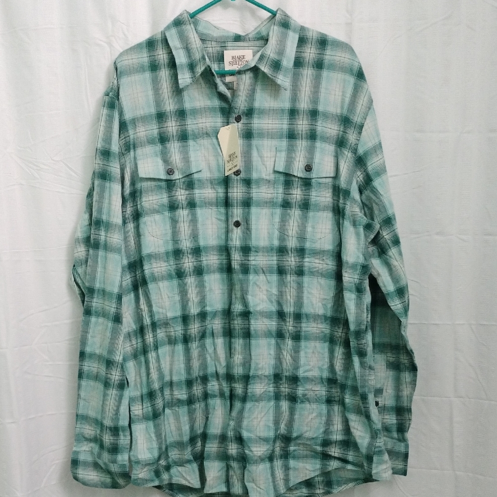 Lands' End Blake Shelton Green and White Plaid Shirt